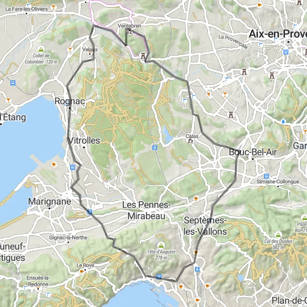 Miniaturekort af cykelinspirationen "Rute gennem Ventabren og omkringliggende landsbyer" i Provence-Alpes-Côte d’Azur, France. Genereret af Tarmacs.app cykelruteplanlægger