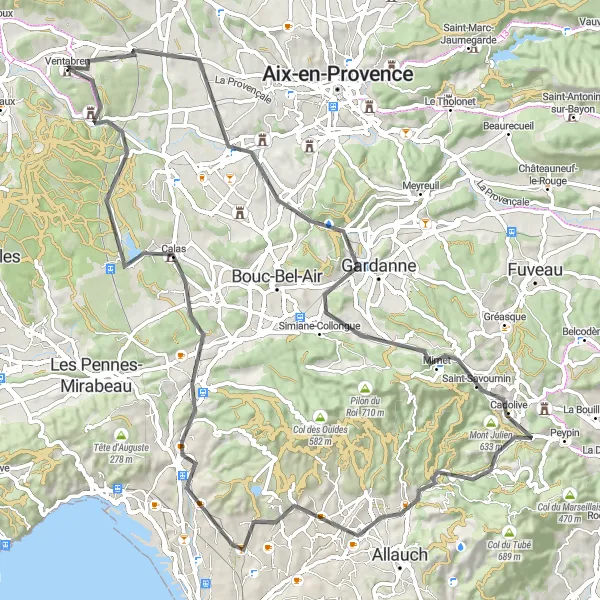 Map miniature of "Ventabren Ascent" cycling inspiration in Provence-Alpes-Côte d’Azur, France. Generated by Tarmacs.app cycling route planner