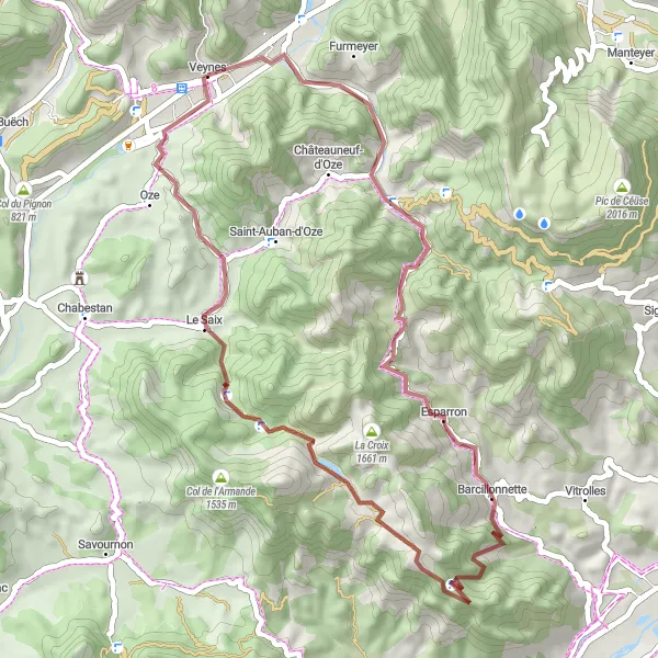 Miniatuurkaart van de fietsinspiratie "Gravel Avontuur naar Col d'Espréaux" in Provence-Alpes-Côte d’Azur, France. Gemaakt door de Tarmacs.app fietsrouteplanner