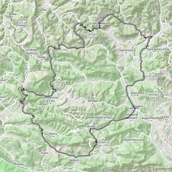 Miniatua del mapa de inspiración ciclista "Recorrido Escénico por Col de la Croix y Col de Cabre" en Provence-Alpes-Côte d’Azur, France. Generado por Tarmacs.app planificador de rutas ciclistas