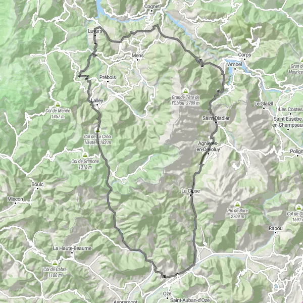 Miniatua del mapa de inspiración ciclista "Ruta Escénica por Carretera en los Alpes Franceses" en Provence-Alpes-Côte d’Azur, France. Generado por Tarmacs.app planificador de rutas ciclistas