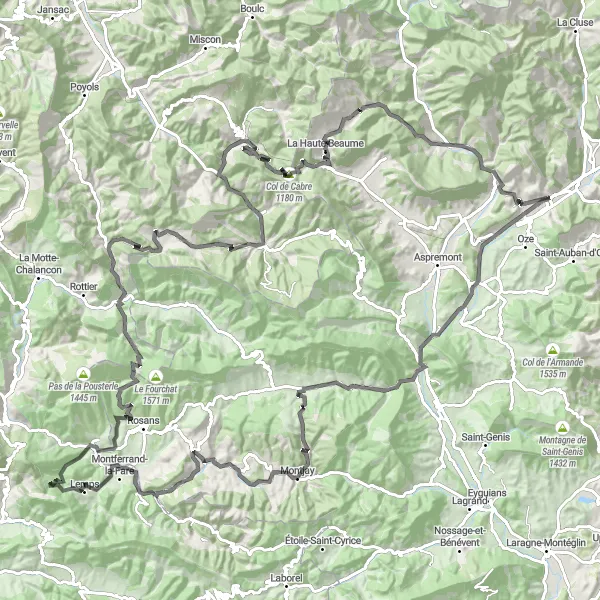 Zemljevid v pomanjšavi "Razgibano gorsko kolesarjenje skozi Provanso in Alpe" kolesarske inspiracije v Provence-Alpes-Côte d’Azur, France. Generirano z načrtovalcem kolesarskih poti Tarmacs.app