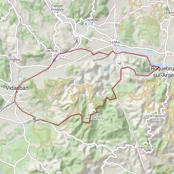 Zemljevid v pomanjšavi "Gravel pot Le Muy" kolesarske inspiracije v Provence-Alpes-Côte d’Azur, France. Generirano z načrtovalcem kolesarskih poti Tarmacs.app