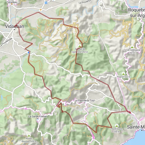 Miniatua del mapa de inspiración ciclista "Aventura Escénica por Vidauban y Grand Peyloubier" en Provence-Alpes-Côte d’Azur, France. Generado por Tarmacs.app planificador de rutas ciclistas
