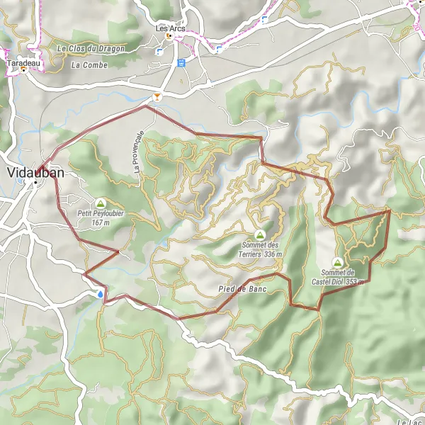 Miniatua del mapa de inspiración ciclista "Aventura Gravel de Vidauban a Grand Peyloubier" en Provence-Alpes-Côte d’Azur, France. Generado por Tarmacs.app planificador de rutas ciclistas