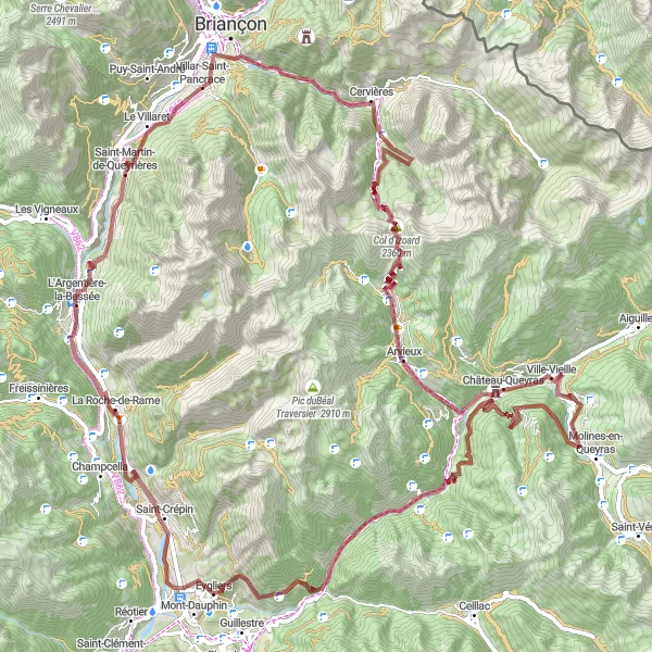 Karttaminiaatyyri "Gravel-reitti kohti Saint-Martin-de-Queyrièresiä" pyöräilyinspiraatiosta alueella Provence-Alpes-Côte d’Azur, France. Luotu Tarmacs.app pyöräilyreittisuunnittelijalla