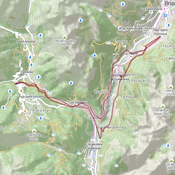 Map miniature of "Gravel Route to Les Vigneaux via Vallouise" cycling inspiration in Provence-Alpes-Côte d’Azur, France. Generated by Tarmacs.app cycling route planner
