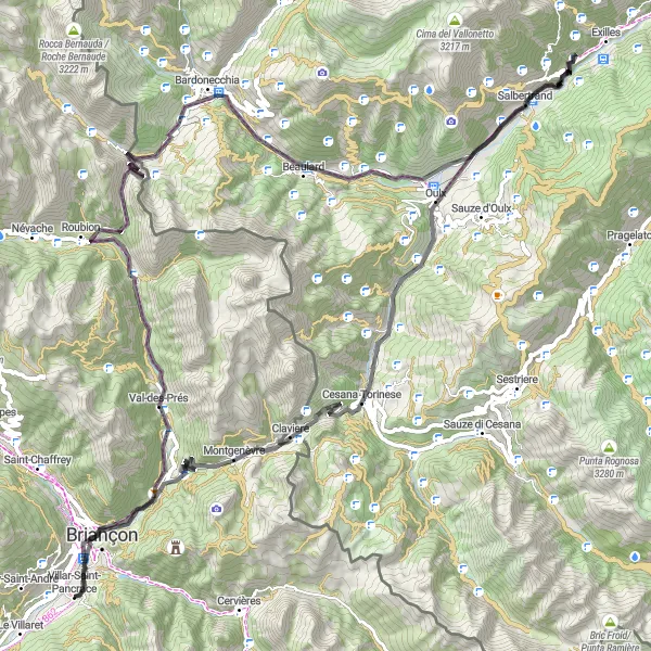 Miniaturekort af cykelinspirationen "Episk landevejsrute til Col de Montgenèvre" i Provence-Alpes-Côte d’Azur, France. Genereret af Tarmacs.app cykelruteplanlægger