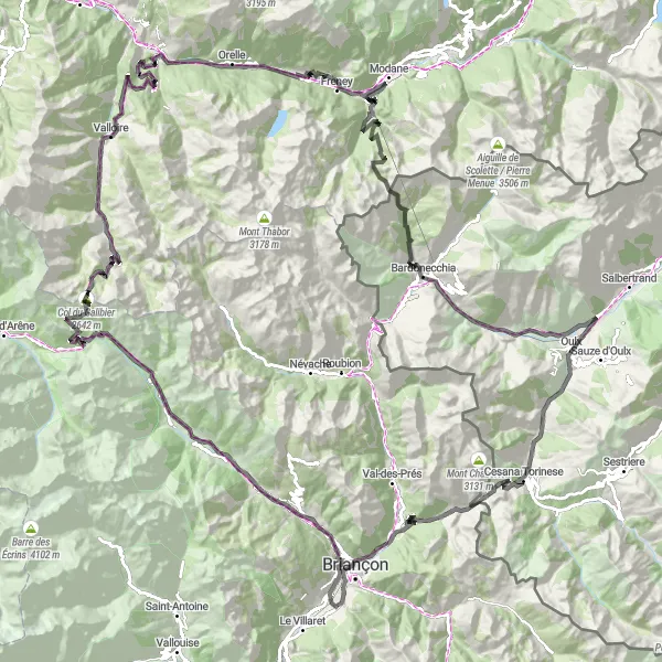 Mapa miniatúra "Náročná horská cyklotrasa s mnohými prechodmi" cyklistická inšpirácia v Provence-Alpes-Côte d’Azur, France. Vygenerované cyklistickým plánovačom trás Tarmacs.app