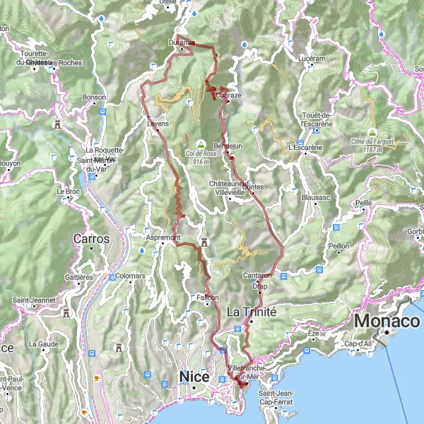 Miniature de la carte de l'inspiration cycliste "Les Montagnes Escarpées de l'Arrière-Pays" dans la Provence-Alpes-Côte d’Azur, France. Générée par le planificateur d'itinéraire cycliste Tarmacs.app