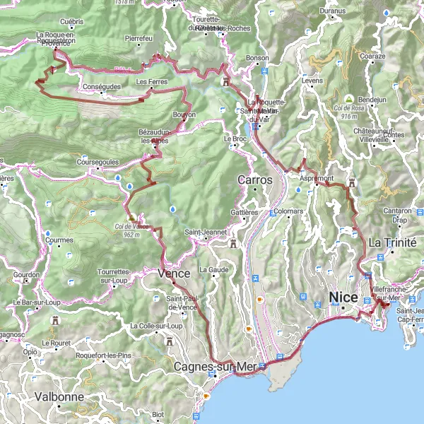 Karttaminiaatyyri "Haastava seikkailu: Vuorten valloitus" pyöräilyinspiraatiosta alueella Provence-Alpes-Côte d’Azur, France. Luotu Tarmacs.app pyöräilyreittisuunnittelijalla