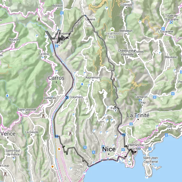 Map miniature of "Villefranche-sur-Mer to Mont Vinaigrier Road Ride" cycling inspiration in Provence-Alpes-Côte d’Azur, France. Generated by Tarmacs.app cycling route planner