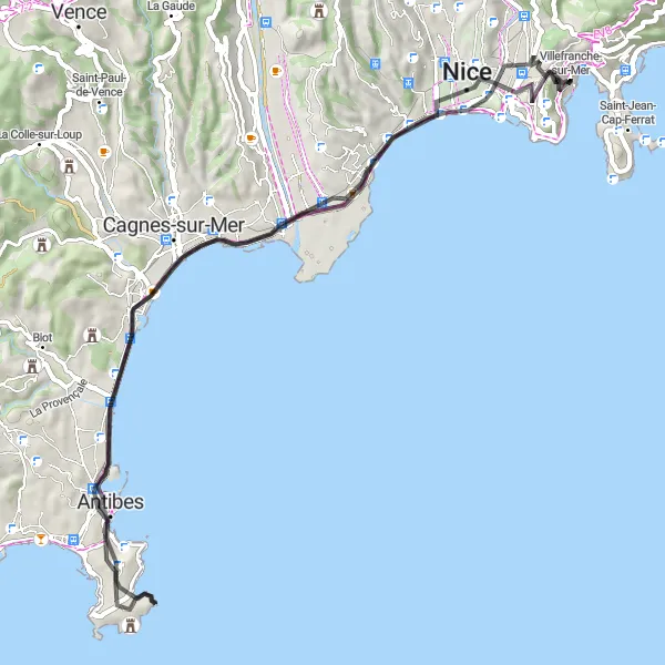 Miniature de la carte de l'inspiration cycliste "Le chemin vers Cap d'Antibes" dans la Provence-Alpes-Côte d’Azur, France. Générée par le planificateur d'itinéraire cycliste Tarmacs.app