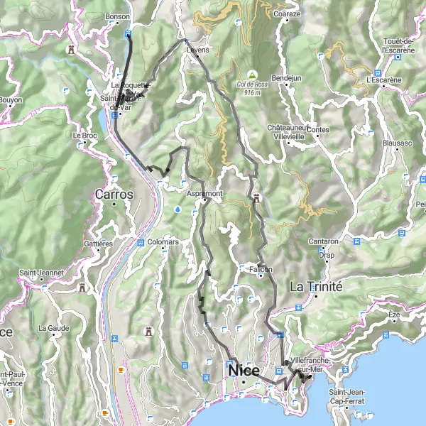 Miniatuurkaart van de fietsinspiratie "Rondrit met prachtige uitzichten" in Provence-Alpes-Côte d’Azur, France. Gemaakt door de Tarmacs.app fietsrouteplanner