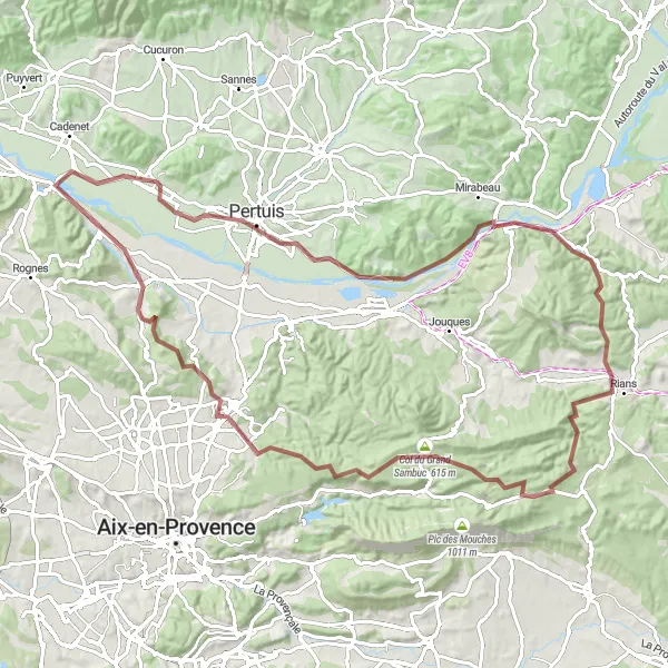 Miniatua del mapa de inspiración ciclista "Ruta por los valles y colinas de Villelaure" en Provence-Alpes-Côte d’Azur, France. Generado por Tarmacs.app planificador de rutas ciclistas