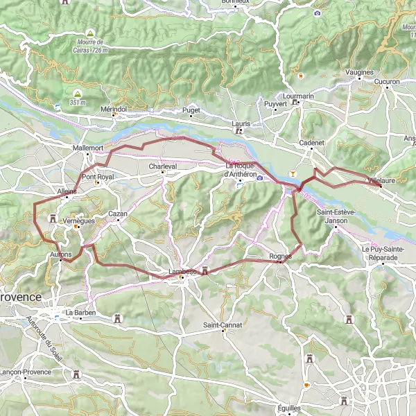 Miniaturní mapa "Gravel Tour around Villelaure" inspirace pro cyklisty v oblasti Provence-Alpes-Côte d’Azur, France. Vytvořeno pomocí plánovače tras Tarmacs.app