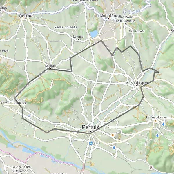Zemljevid v pomanjšavi "Kratka cestna pot iz Villelaure na kolesu" kolesarske inspiracije v Provence-Alpes-Côte d’Azur, France. Generirano z načrtovalcem kolesarskih poti Tarmacs.app