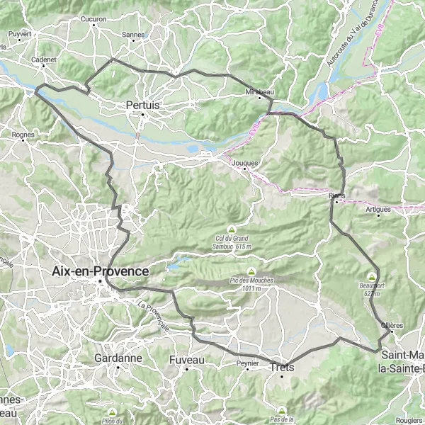 Map miniature of "The Exploration of Southern Luberon" cycling inspiration in Provence-Alpes-Côte d’Azur, France. Generated by Tarmacs.app cycling route planner