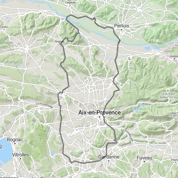 Miniaturní mapa "Cestní trasa" inspirace pro cyklisty v oblasti Provence-Alpes-Côte d’Azur, France. Vytvořeno pomocí plánovače tras Tarmacs.app