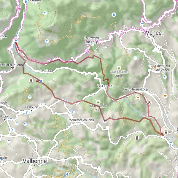 Miniatua del mapa de inspiración ciclista "Ruta de Grava a Tourrettes-sur-Loup" en Provence-Alpes-Côte d’Azur, France. Generado por Tarmacs.app planificador de rutas ciclistas