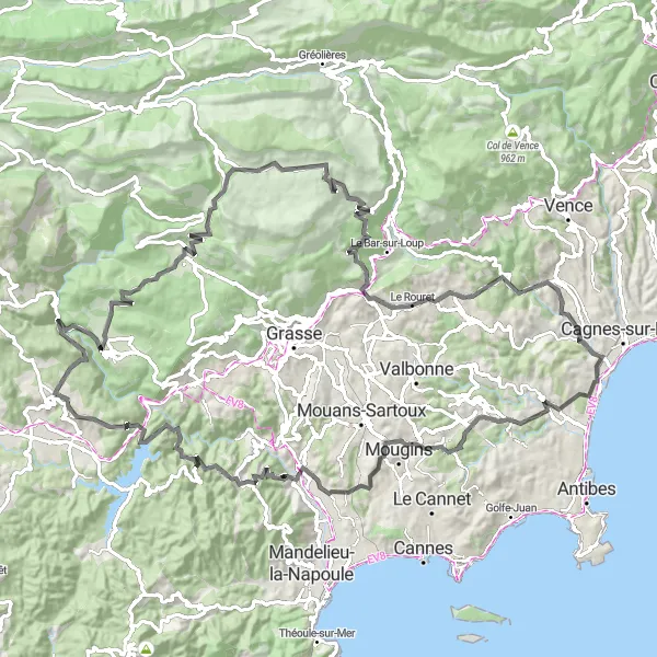 Miniatua del mapa de inspiración ciclista "Reto de 119 km en carretera con inicio cerca de Villeneuve-Loubet" en Provence-Alpes-Côte d’Azur, France. Generado por Tarmacs.app planificador de rutas ciclistas