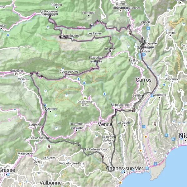 Miniaturní mapa "Náročná cyklistická trasa La Colle-sur-Loup" inspirace pro cyklisty v oblasti Provence-Alpes-Côte d’Azur, France. Vytvořeno pomocí plánovače tras Tarmacs.app