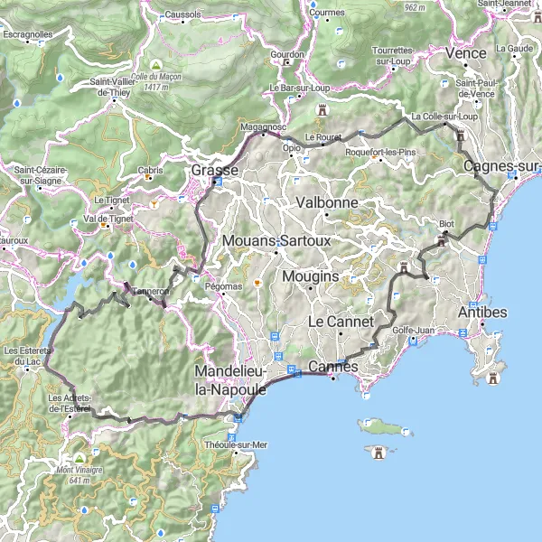 Map miniature of "Road Route: Villeneuve-Loubet to Biot" cycling inspiration in Provence-Alpes-Côte d’Azur, France. Generated by Tarmacs.app cycling route planner