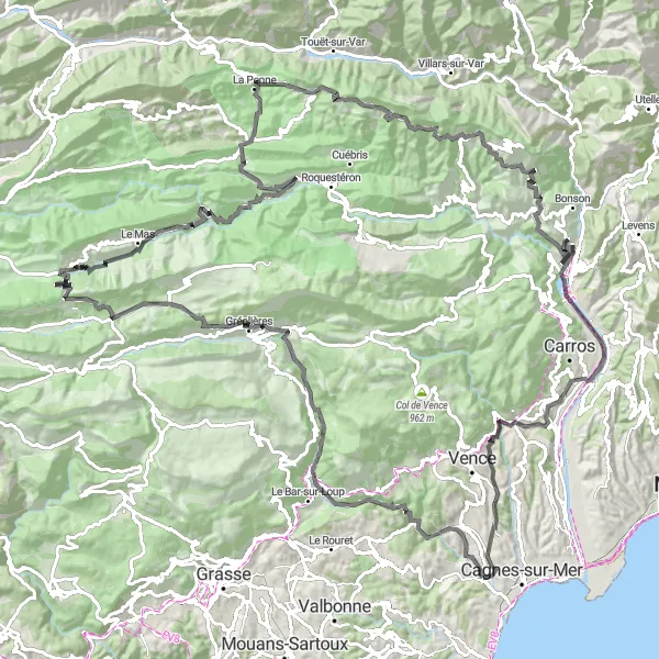 Karttaminiaatyyri "Pyöräilyreitti Villeneuve-Loubetista - Gréolières" pyöräilyinspiraatiosta alueella Provence-Alpes-Côte d’Azur, France. Luotu Tarmacs.app pyöräilyreittisuunnittelijalla