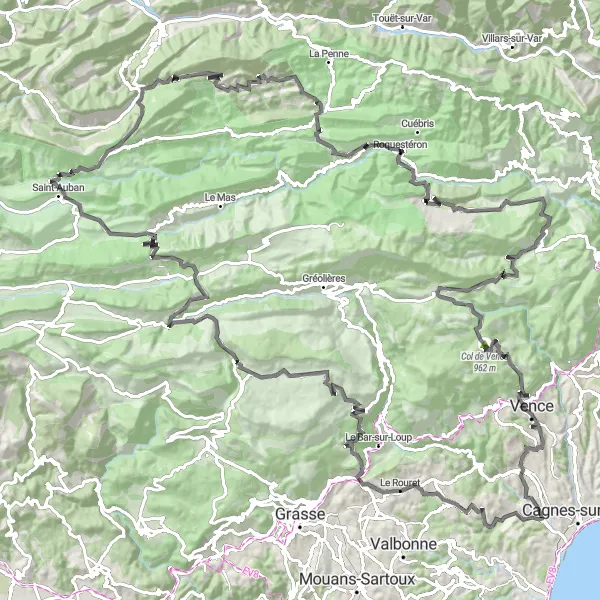 Mapa miniatúra "Villeneuve-Loubet - Cime de Ramaya Loop" cyklistická inšpirácia v Provence-Alpes-Côte d’Azur, France. Vygenerované cyklistickým plánovačom trás Tarmacs.app