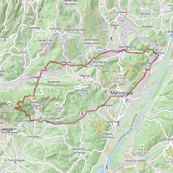 Map miniature of "Manosque & Saint-Maime Circular Gravel Ride" cycling inspiration in Provence-Alpes-Côte d’Azur, France. Generated by Tarmacs.app cycling route planner
