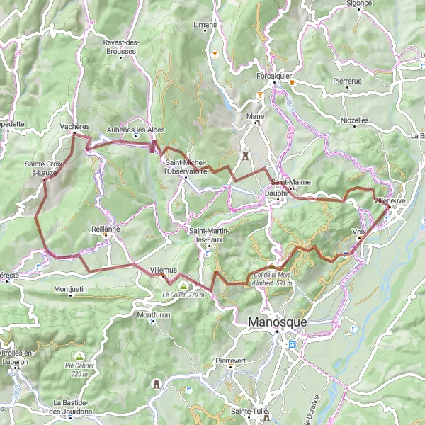 Map miniature of "Volx & Saint-Maime Loop Gravel Ride" cycling inspiration in Provence-Alpes-Côte d’Azur, France. Generated by Tarmacs.app cycling route planner