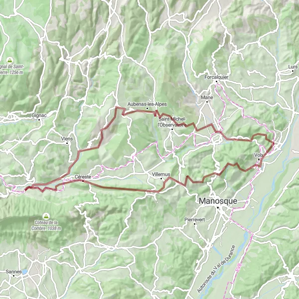 Zemljevid v pomanjšavi "Gravel route from Villeneuve" kolesarske inspiracije v Provence-Alpes-Côte d’Azur, France. Generirano z načrtovalcem kolesarskih poti Tarmacs.app