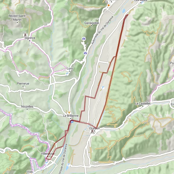 Miniatua del mapa de inspiración ciclista "Ruta de Grava hacia Oraison y Le Devens" en Provence-Alpes-Côte d’Azur, France. Generado por Tarmacs.app planificador de rutas ciclistas
