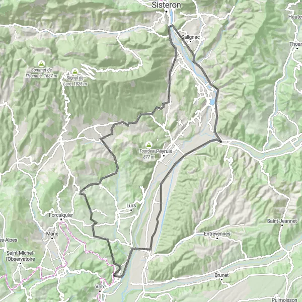 Map miniature of "Villeneuve to Châteauneuf-Val-Saint-Donat Loop" cycling inspiration in Provence-Alpes-Côte d’Azur, France. Generated by Tarmacs.app cycling route planner