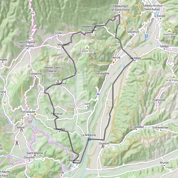 Zemljevid v pomanjšavi "Scenic road trip near Villeneuve" kolesarske inspiracije v Provence-Alpes-Côte d’Azur, France. Generirano z načrtovalcem kolesarskih poti Tarmacs.app