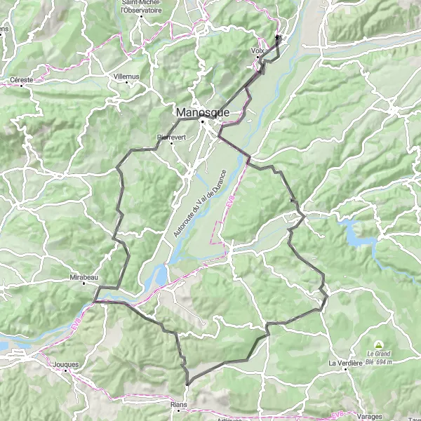 Miniatua del mapa de inspiración ciclista "Ruta Panorámica a Gréoux-les-Bains y Villeneuve" en Provence-Alpes-Côte d’Azur, France. Generado por Tarmacs.app planificador de rutas ciclistas