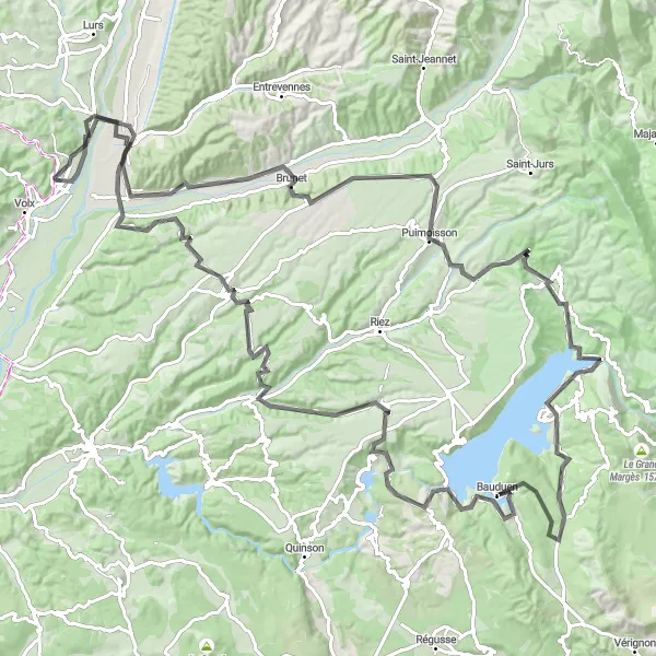 Zemljevid v pomanjšavi "Okrog Villeneuve - Bauduen - Montagnac-Montpezat" kolesarske inspiracije v Provence-Alpes-Côte d’Azur, France. Generirano z načrtovalcem kolesarskih poti Tarmacs.app