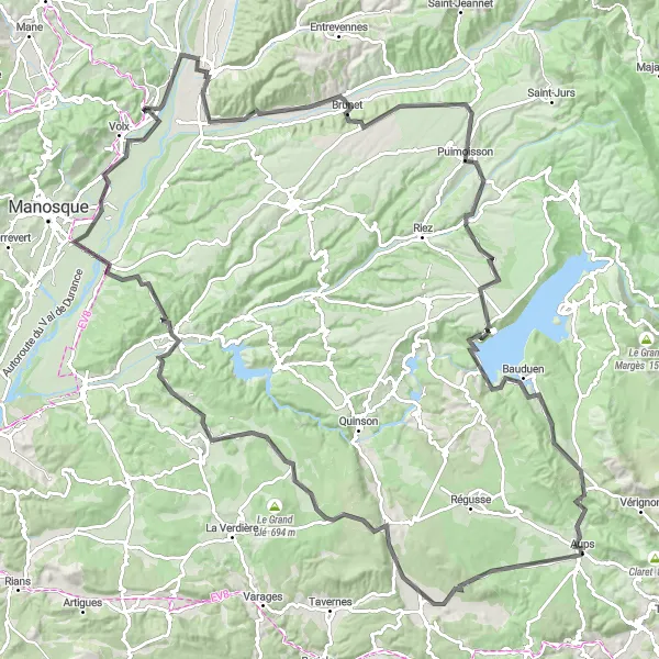 Zemljevid v pomanjšavi "Okrog La Brillanne - Aups - Village" kolesarske inspiracije v Provence-Alpes-Côte d’Azur, France. Generirano z načrtovalcem kolesarskih poti Tarmacs.app