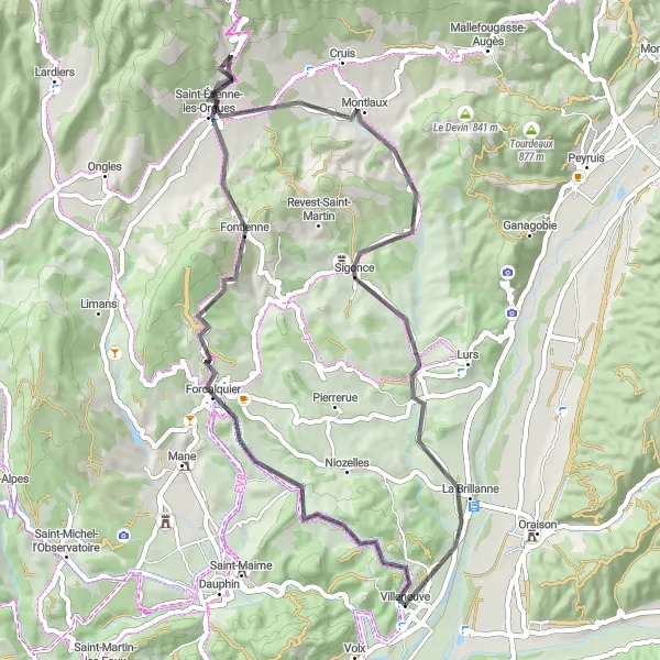 Miniatua del mapa de inspiración ciclista "Ruta Escénica hacia Sigonce y La Brillanne" en Provence-Alpes-Côte d’Azur, France. Generado por Tarmacs.app planificador de rutas ciclistas