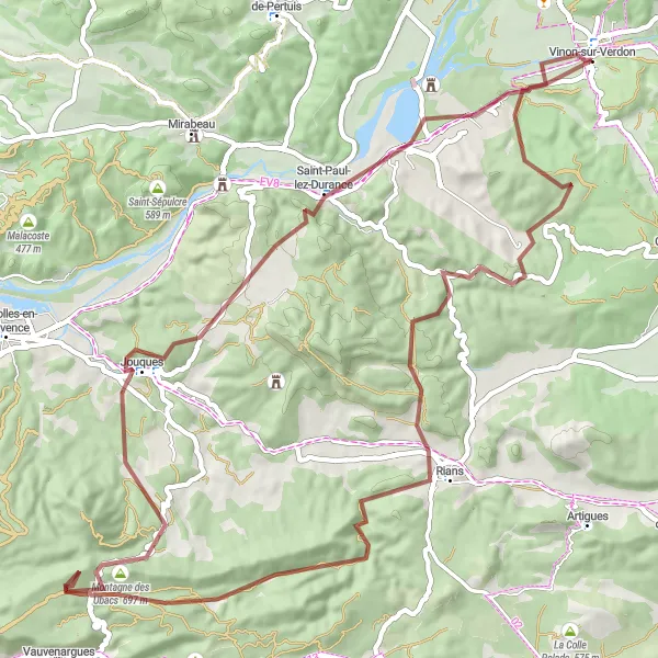 Zemljevid v pomanjšavi "Vinon-sur-Verdon - Saint-Paul-lez-Durance" kolesarske inspiracije v Provence-Alpes-Côte d’Azur, France. Generirano z načrtovalcem kolesarskih poti Tarmacs.app