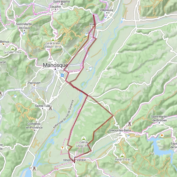 Miniaturní mapa "Trasa Vinon-sur-Verdon - Collet des Fourches - Volx - Château féodal - Carrière le roche amère" inspirace pro cyklisty v oblasti Provence-Alpes-Côte d’Azur, France. Vytvořeno pomocí plánovače tras Tarmacs.app