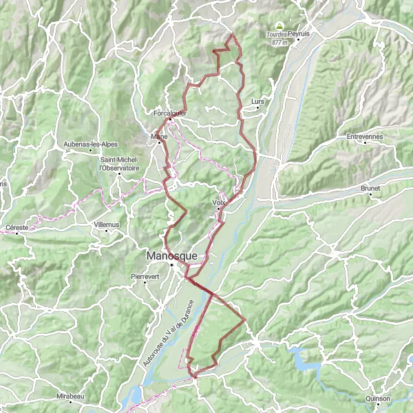 Mapa miniatúra "Gravel Forcalquier Exploration" cyklistická inšpirácia v Provence-Alpes-Côte d’Azur, France. Vygenerované cyklistickým plánovačom trás Tarmacs.app