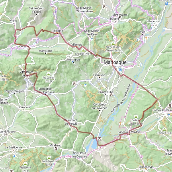 Miniaturní mapa "Trasa Vinon-sur-Verdon - Beaumont-de-Pertuis - Collet du Paradis - Céreste - Villemus - Le Collet - Près Combaux - Colle de Lineau" inspirace pro cyklisty v oblasti Provence-Alpes-Côte d’Azur, France. Vytvořeno pomocí plánovače tras Tarmacs.app