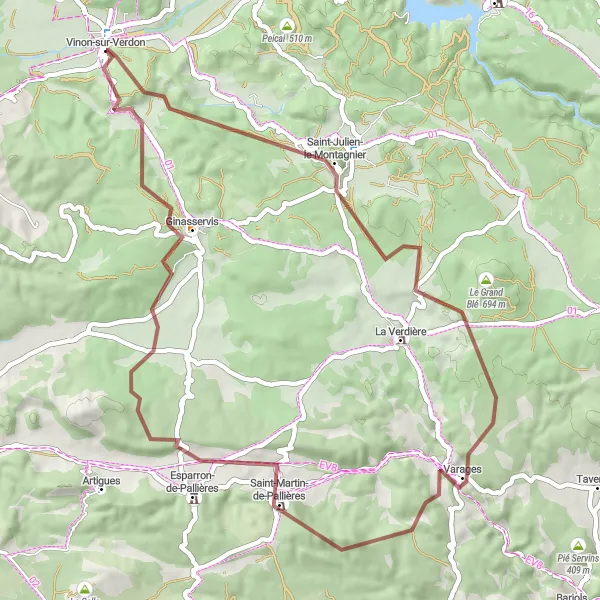 Miniatura mapy "Trasa gravelowa z Vinon-sur-Verdon do Vinon-sur-Verdon przez Varages i Ginasservis" - trasy rowerowej w Provence-Alpes-Côte d’Azur, France. Wygenerowane przez planer tras rowerowych Tarmacs.app