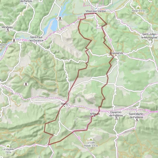 Map miniature of "Rians Gravel Adventure" cycling inspiration in Provence-Alpes-Côte d’Azur, France. Generated by Tarmacs.app cycling route planner
