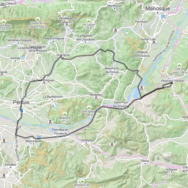 Zemljevid v pomanjšavi "Vinon-sur-Verdon - Château de Cadarache" kolesarske inspiracije v Provence-Alpes-Côte d’Azur, France. Generirano z načrtovalcem kolesarskih poti Tarmacs.app