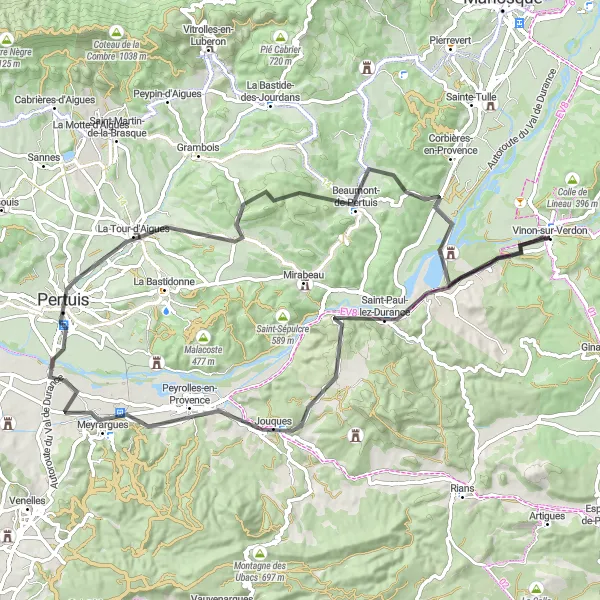Miniature de la carte de l'inspiration cycliste "Boucle de la Durance" dans la Provence-Alpes-Côte d’Azur, France. Générée par le planificateur d'itinéraire cycliste Tarmacs.app