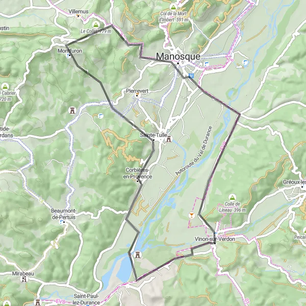 Mapa miniatúra "Vinon-sur-Verdon - Manosque" cyklistická inšpirácia v Provence-Alpes-Côte d’Azur, France. Vygenerované cyklistickým plánovačom trás Tarmacs.app