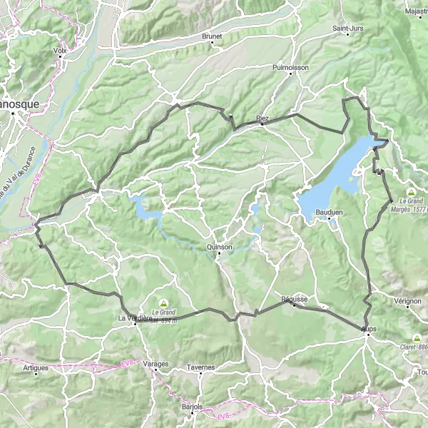 Miniatua del mapa de inspiración ciclista "Desafío en Moustiers-Sainte-Marie" en Provence-Alpes-Côte d’Azur, France. Generado por Tarmacs.app planificador de rutas ciclistas