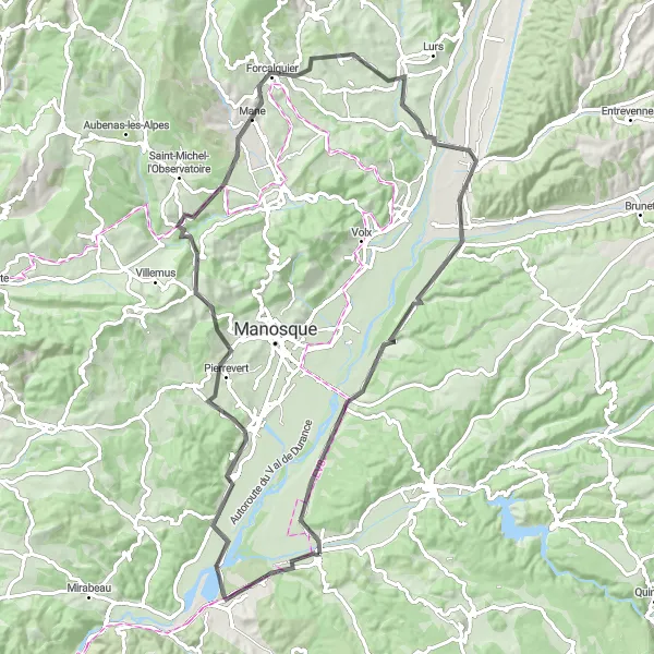 Miniatua del mapa de inspiración ciclista "Ruta por La Brillanne y Forcalquier" en Provence-Alpes-Côte d’Azur, France. Generado por Tarmacs.app planificador de rutas ciclistas